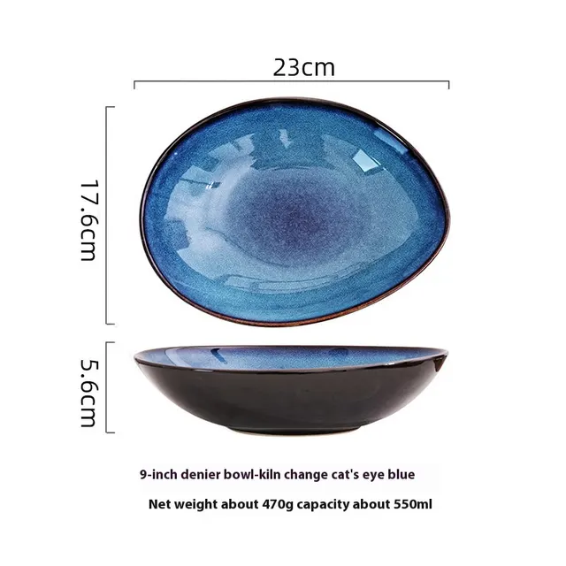 Creative Ceramic Irregular Bowl Glaze Kiln Retro Restaurant 9Inch Cat Eye Blue - Shop at LoveMi