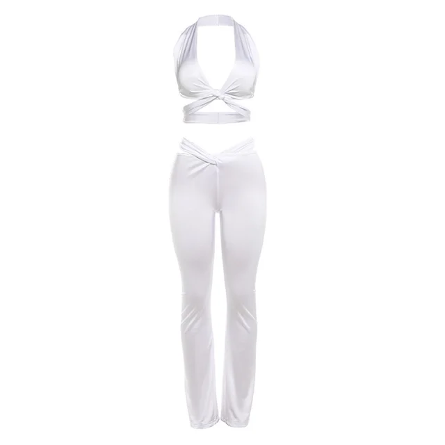 Hollow Sleeveless Halter Exposed Navel Blouse And Pants White - Shop at LoveMi