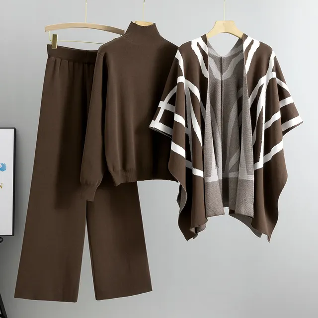 New Elegant Knitted Sweater Shawl Wide Leg Pants Three piece Set Brown - Shop at LoveMi