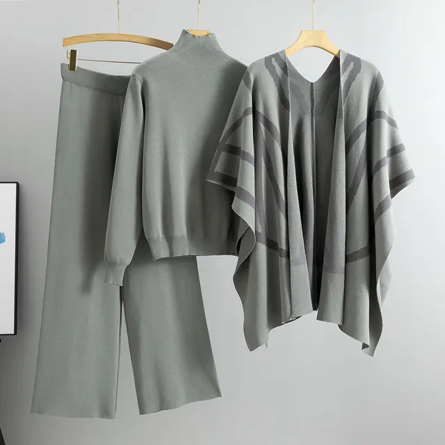 New Elegant Knitted Sweater Shawl Wide Leg Pants Three piece Set Gray - Shop at LoveMi