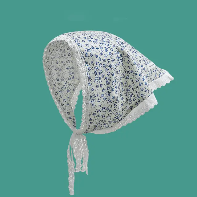 Women's Cotton And Linen Mori Style Lace Triangular Binder Fan White And Blue Pattern - Shop at LoveMi