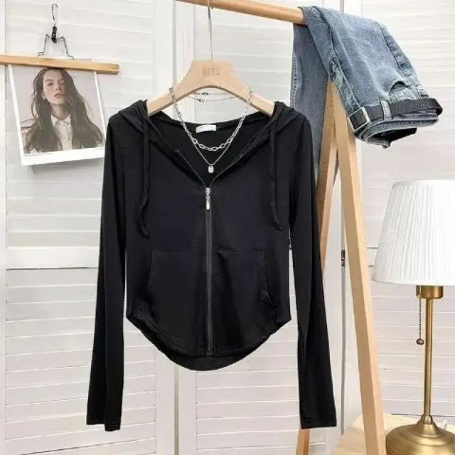 White Hooded Long Sleeve Zipper Short Sweater Black - Shop at LoveMi
