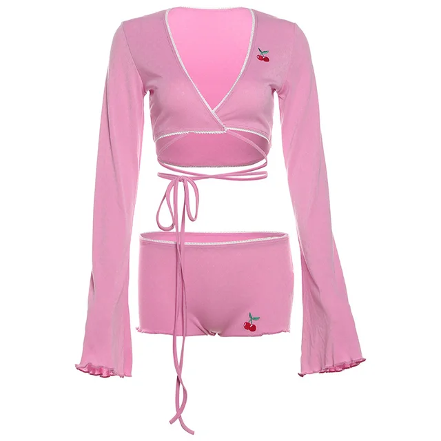 Embroidered Long Sleeves Cropped Shorts Suit Women Pink - Shop at LoveMi