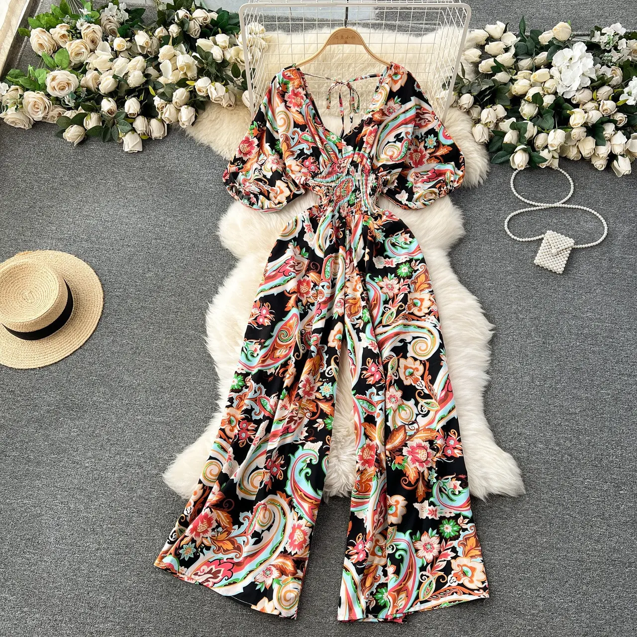 Lady Temperament Casual Wide Leg Jumpsuit - Black And Floral