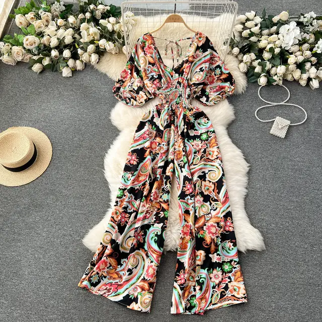 Lady Temperament Casual Wide Leg Jumpsuit Black And Floral - Shop at LoveMi