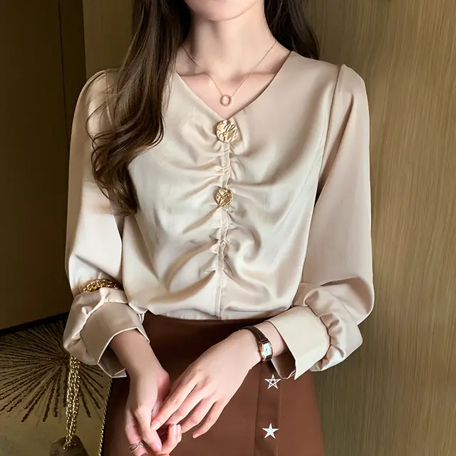 Temperament Shirt Women's Long sleeved V neck Top Apricot - Shop at LoveMi