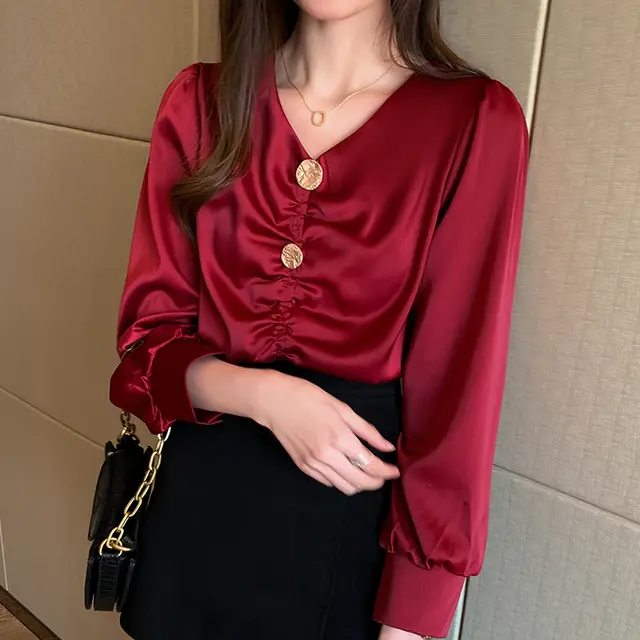 Temperament Shirt Women's Long sleeved V neck Top Wine Red - Shop at LoveMi