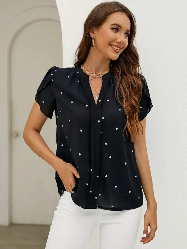 Women's V neck Heart shaped Petal Sleeve Shirt Black - Shop at LoveMi