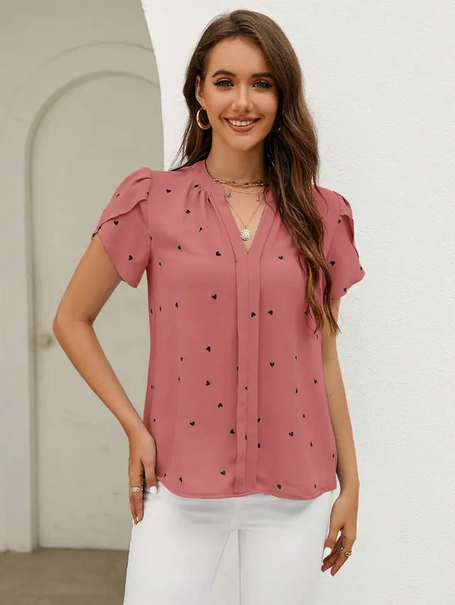 Women's V neck Heart shaped Petal Sleeve Shirt Rubber Red - Shop at LoveMi