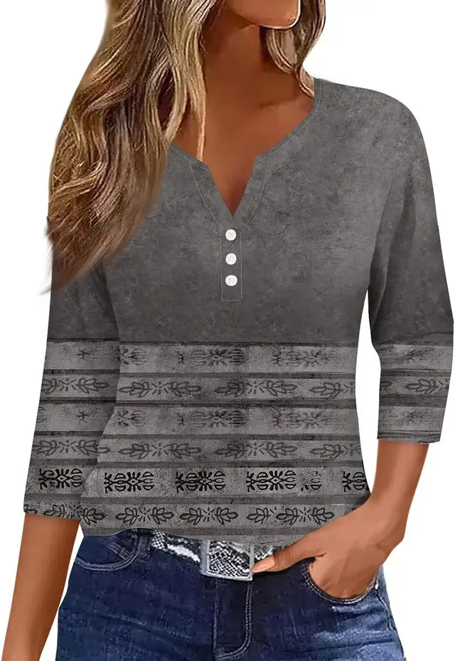 Women's V neck Three button 34 Sleeve Solid Color Gradient Floral Top Jyq4627606 - Shop at LoveMi