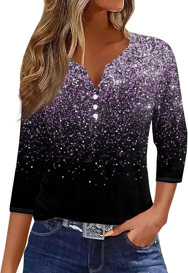 Women's V neck Three button 34 Sleeve Solid Color Gradient Floral Top Jyq4627607 - Shop at LoveMi