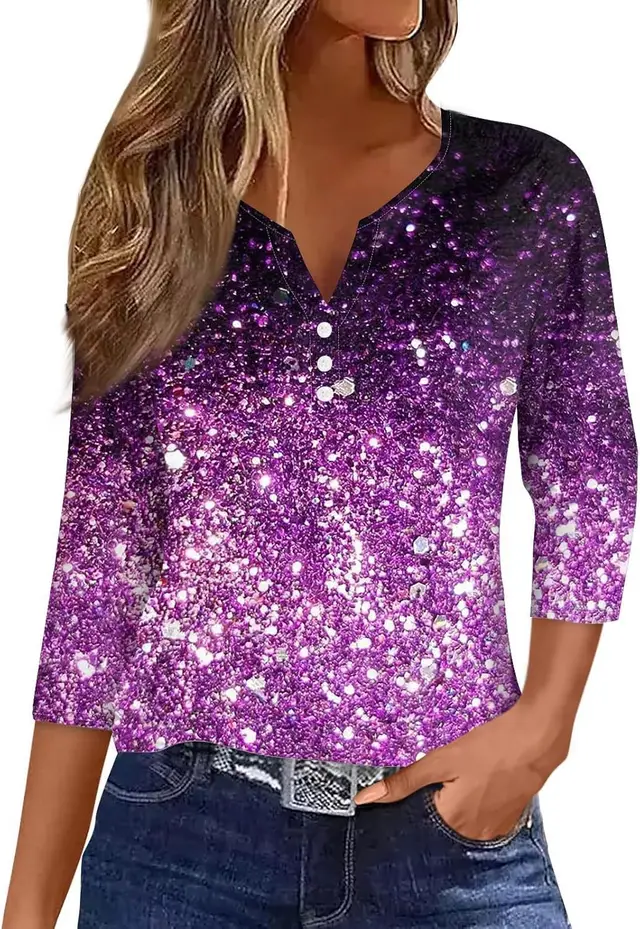 Women's V neck Three button 34 Sleeve Solid Color Gradient Floral Top Jyq4627608 - Shop at LoveMi