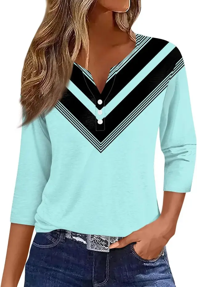 Women's V neck Three button 34 Sleeve Solid Color Gradient Floral Top Jyq4627611 - Shop at LoveMi