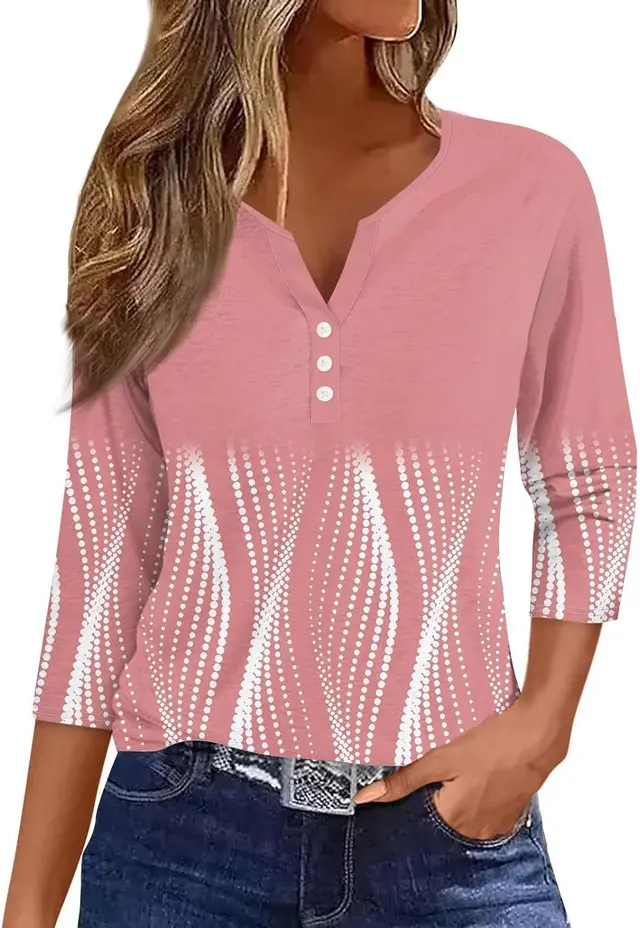Women's V neck Three button 34 Sleeve Solid Color Gradient Floral Top Jyq4627614 - Shop at LoveMi