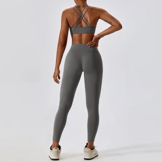 Breathable Quick drying Yoga Suit Workout Clothes Sports Body hugging Suit Far Mountain Gray - Shop at LoveMi