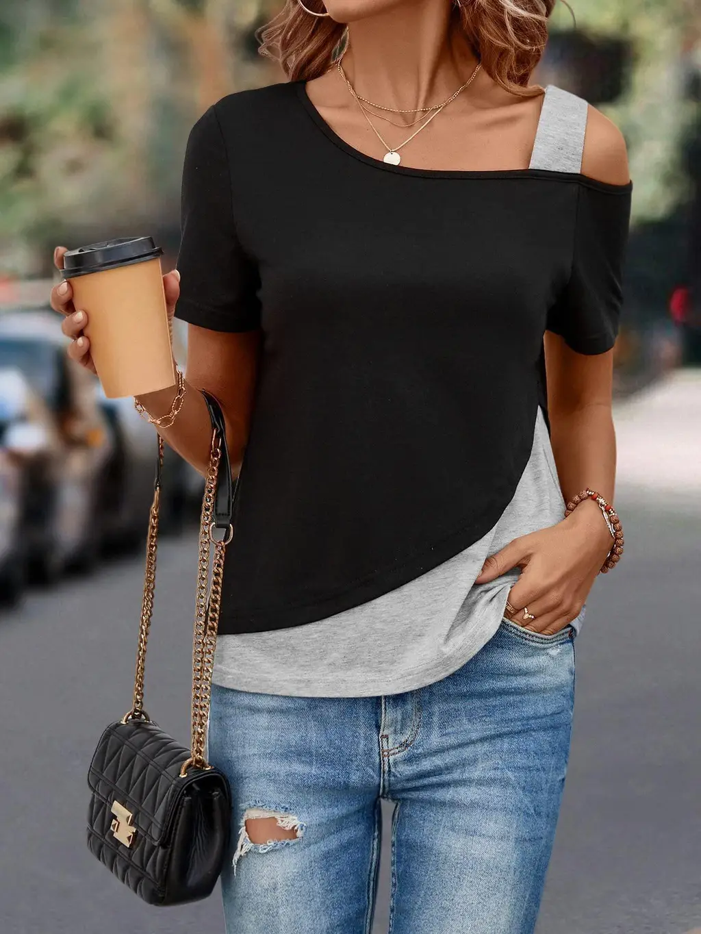 Fashionable Asymmetric Collar Off-the-shoulder Stitching T-shirt - Gray