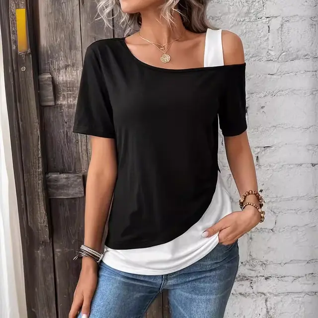 Fashionable Asymmetric Collar Off the shoulder Stitching T shirt White - Shop at LoveMi