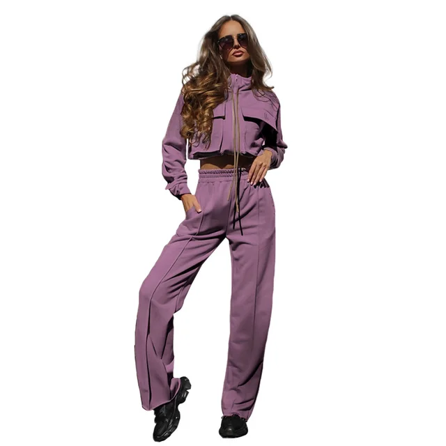 European And American Solid Color Zipper Double Bag Drawstring Long Sleeve Top Fashion Casual Trousers Suit Women Dark Purple - Shop at LoveMi