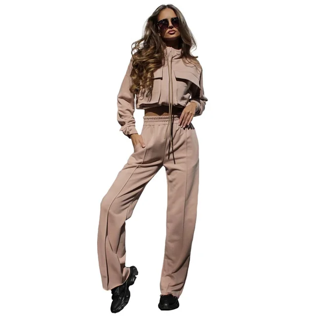 European And American Solid Color Zipper Double Bag Drawstring Long Sleeve Top Fashion Casual Trousers Suit Women Khaki - Shop at LoveMi