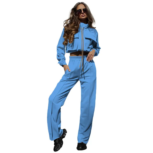 European And American Solid Color Zipper Double Bag Drawstring Long Sleeve Top Fashion Casual Trousers Suit Women Sky Blue - Shop at LoveMi