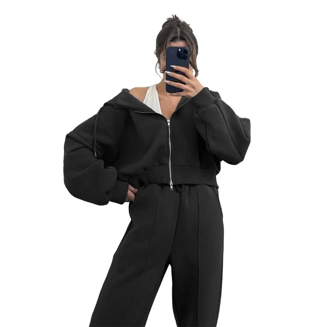 European And American Solid Color Hooded Cardigan Sweaters Women's Clothing Two piece Fashion Casual Sweatpants Suit Black - Shop at LoveMi