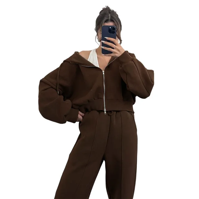 European And American Solid Color Hooded Cardigan Sweaters Women's Clothing Two piece Fashion Casual Sweatpants Suit Brown - Shop at LoveMi