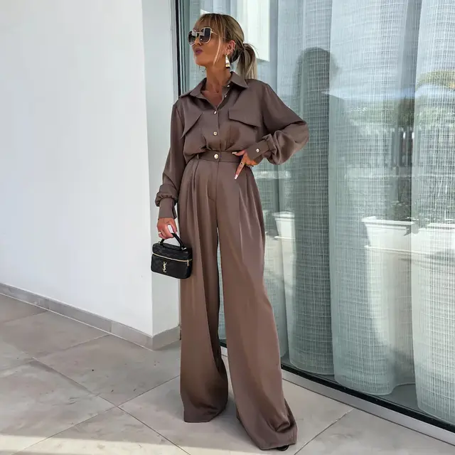 Long Sleeve Faux Pocket Shirt & Loose Trousers Two piece Set Brown - Shop at LoveMi