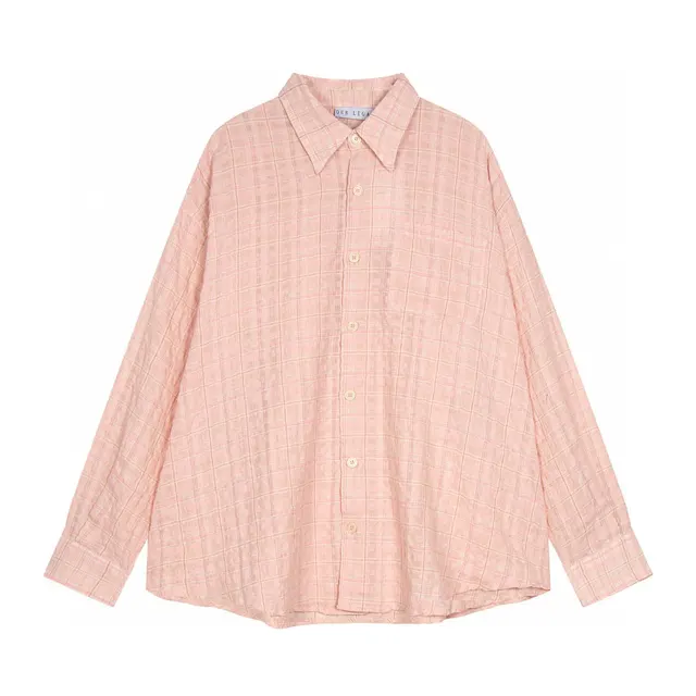 Pleated Seersucker Shirt Casual Loose Outline Plaid Long Sleeve Shell Pink - Shop at LoveMi