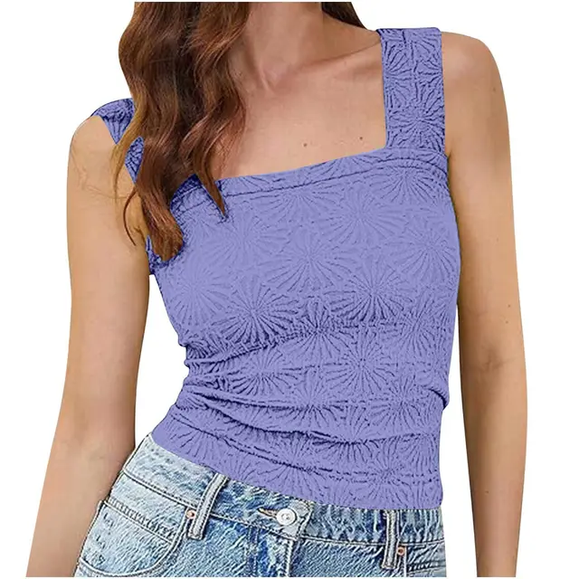 Women's High Elastic Tight Jacquard Square Collar Sleeveless Vest Top Purple - Shop at LoveMi
