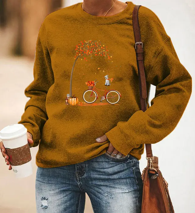 Bicycle Printing Long Sleeve Crew Neck Sweater Women Khaki - Shop at LoveMi