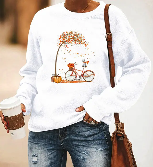 Bicycle Printing Long Sleeve Crew Neck Sweater Women White - Shop at LoveMi