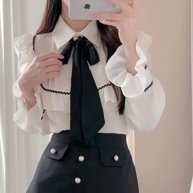 Color blocking Bow Ruffled Tied Flared Sleeves Long Sleeves Shirt For Women Beige - Shop at LoveMi