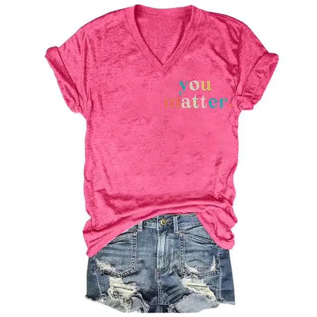 Duplex Printing V neck Short Sleeve Pullover T shirt Summer Pink Color Printing - Shop at LoveMi