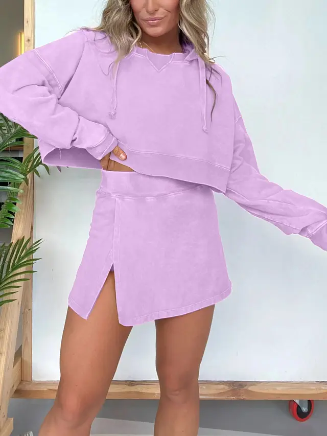 Women's Short Long Sleeve Hoodie Skirt Outfit Violet - Shop at LoveMi