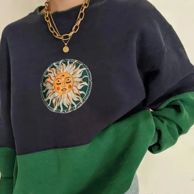 Retro Navy Blue Stitching Embroidery Hoodless Sweater Navy Blue - Shop at LoveMi