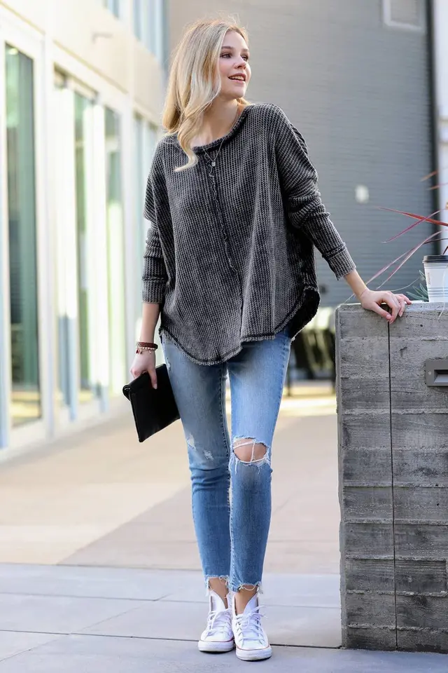 Women's Washed Waffle Back stitched Long sleeved Top Black - Shop at LoveMi