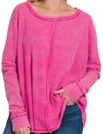 Women's Washed Waffle Back-stitched Long-sleeved Top - Rose Red