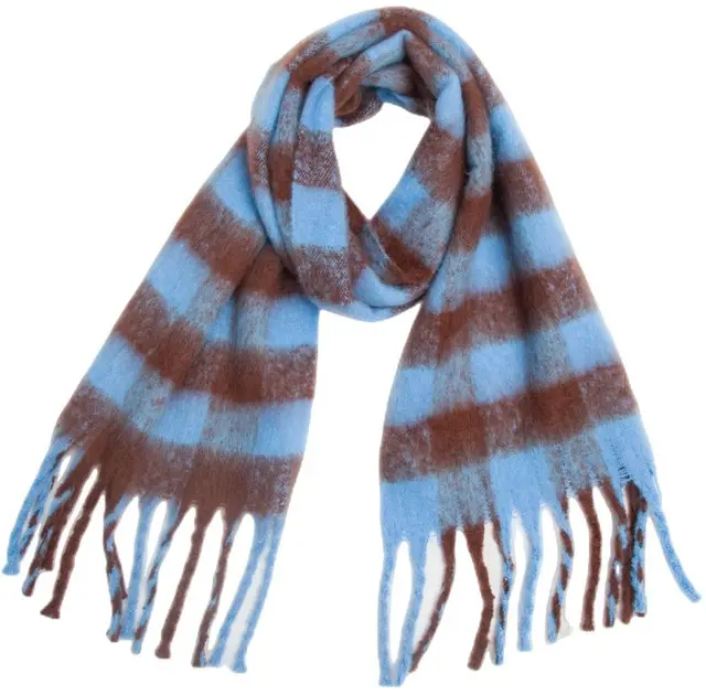 Black Rice Plaid Thick Tassel Scarf For Women Thickened Bib Shawl 01 Blue Brown - Shop at LoveMi