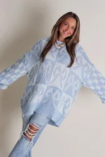 Loose Round Neck Plaid Bow Sweater - Blue