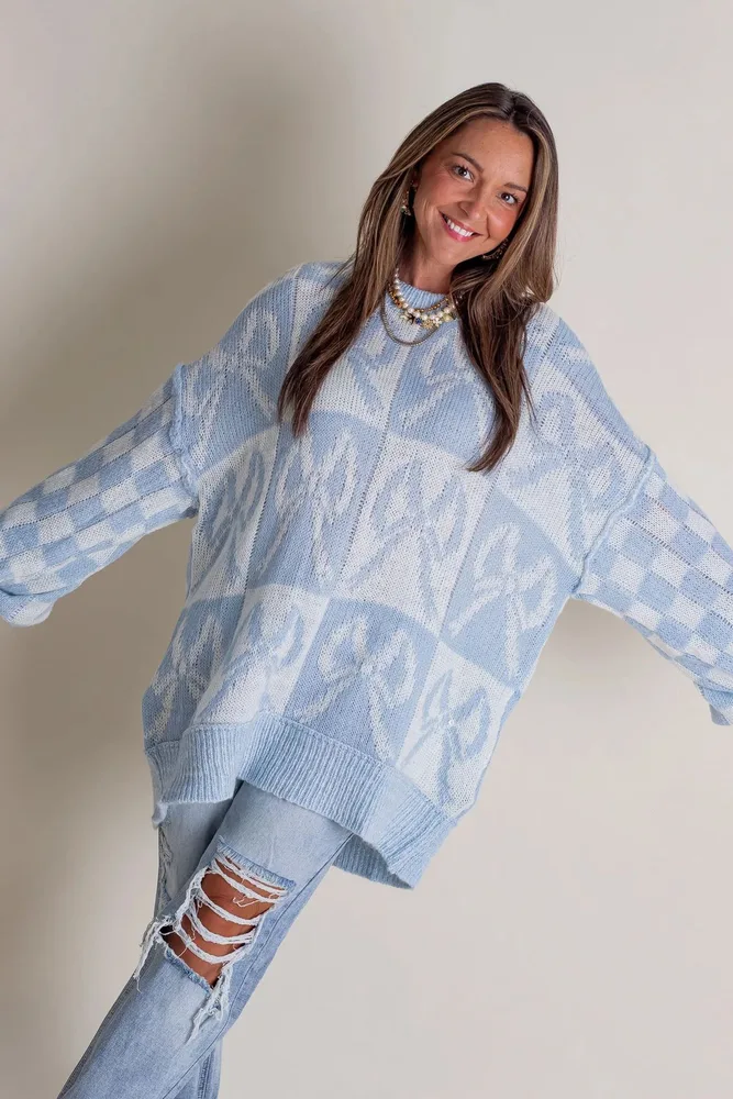 Loose Round Neck Plaid Bow Sweater Sky Blue - Shop at LoveMi