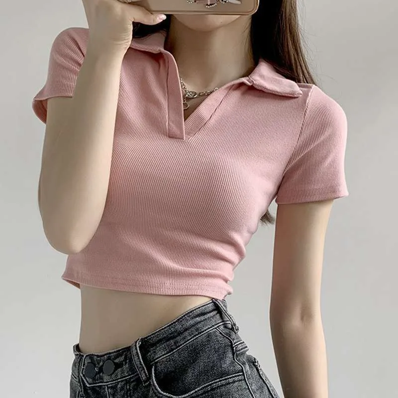 Slim V-neck Short-sleeved T-shirt For Women - Pink