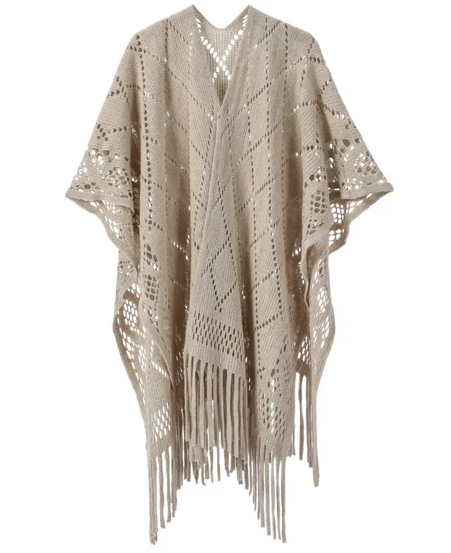 Warp Knitted Solid Color Tassel Thin Hollow Shawl 08 Khaki - Shop at LoveMi
