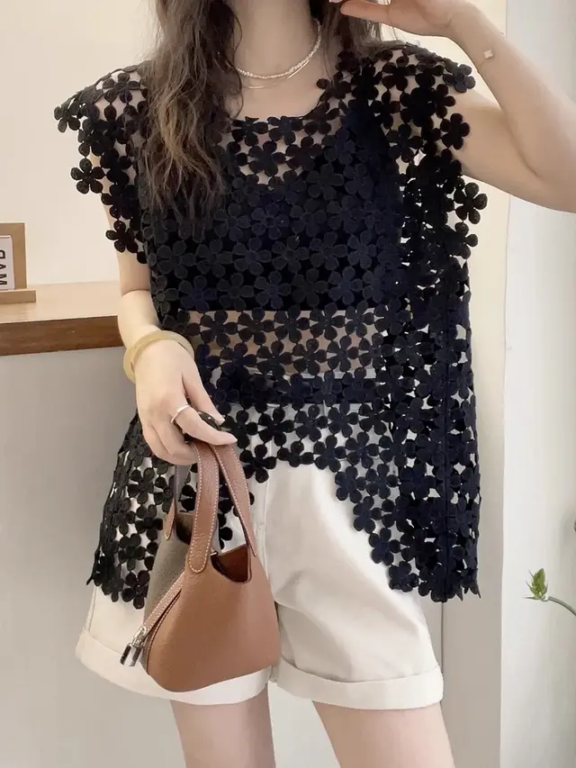 Vest Western Style Top Small Hollow Crocheted Lace Vest Black - Shop at LoveMi