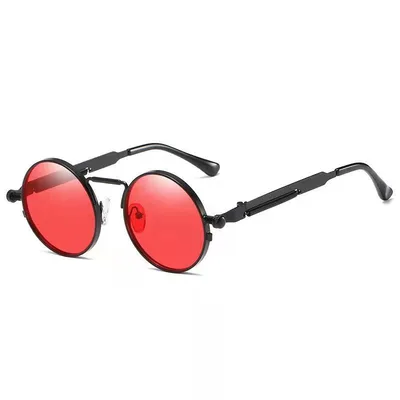 Round Spring Mirror Leg Metal Sunglasses Black Frame Red Film - Shop at LoveMi