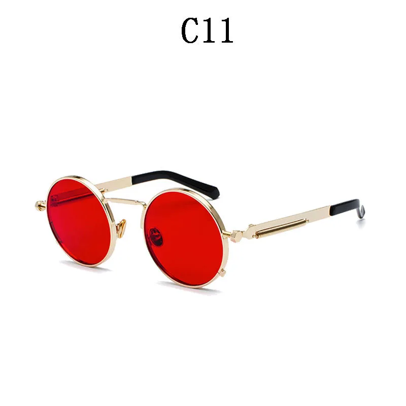 Round Spring Mirror Leg Metal Sunglasses - Gold Frame Red Slice