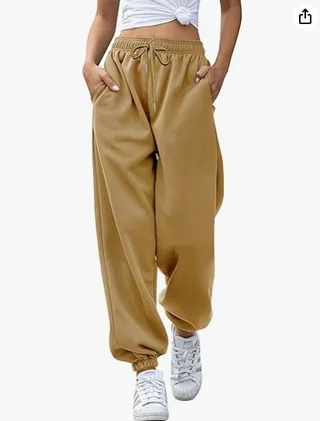 Women's Loose Leisure Sports Drawstring Wide Leg Ankle Banded Pants - Khaki