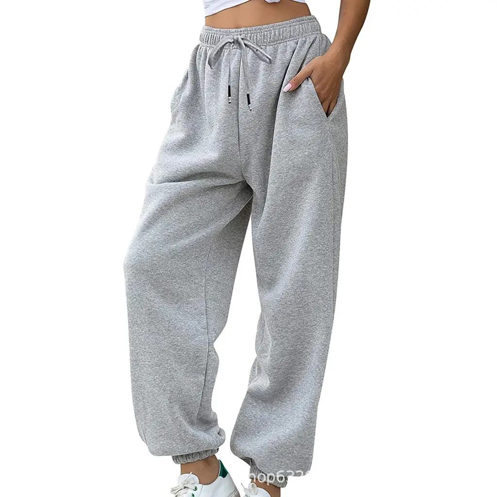 Women's Loose Leisure Sports Drawstring Wide Leg Ankle Banded Pants - Light Gray