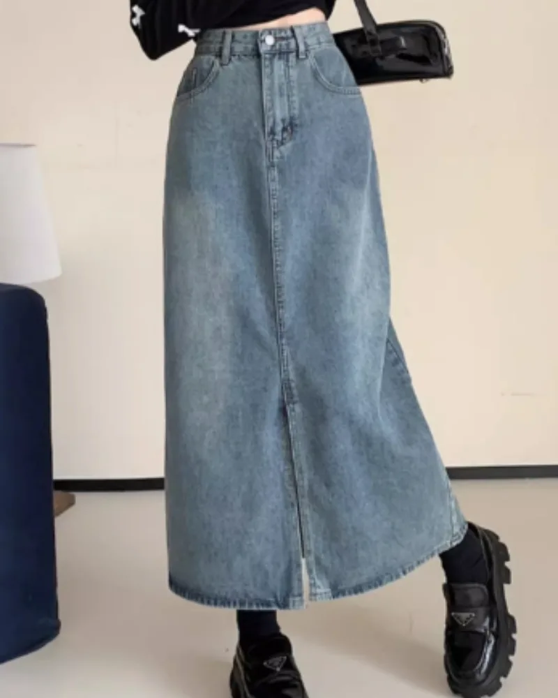Style Retro Thin Denim Skirt, Mid Length For Women Blue - Shop at LoveMi