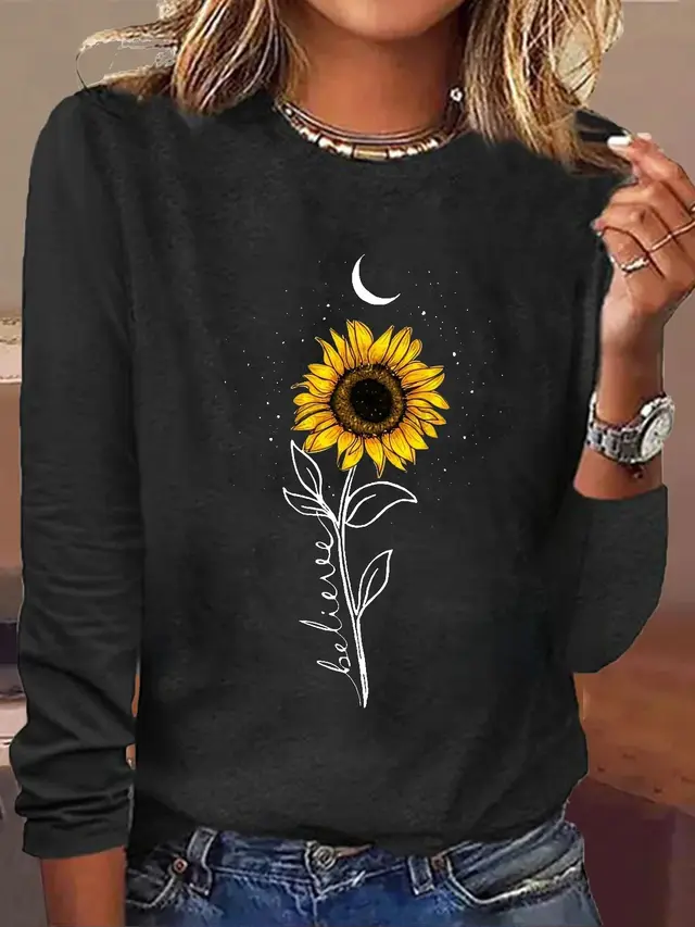 Comfort And Casual Printed Long Sleeve Round Neck T shirt Black Sunflower - Shop at LoveMi