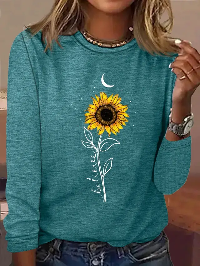 Comfort And Casual Printed Long Sleeve Round Neck T shirt Blue Sunflower - Shop at LoveMi